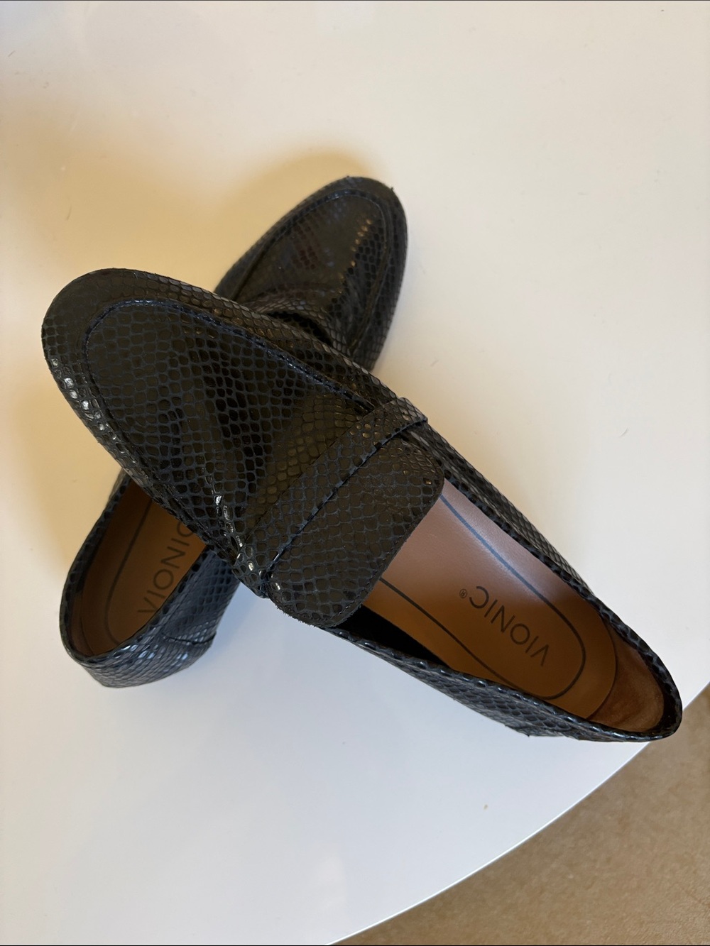 Vionic Black Snake-Embossed Slip-On Loafers